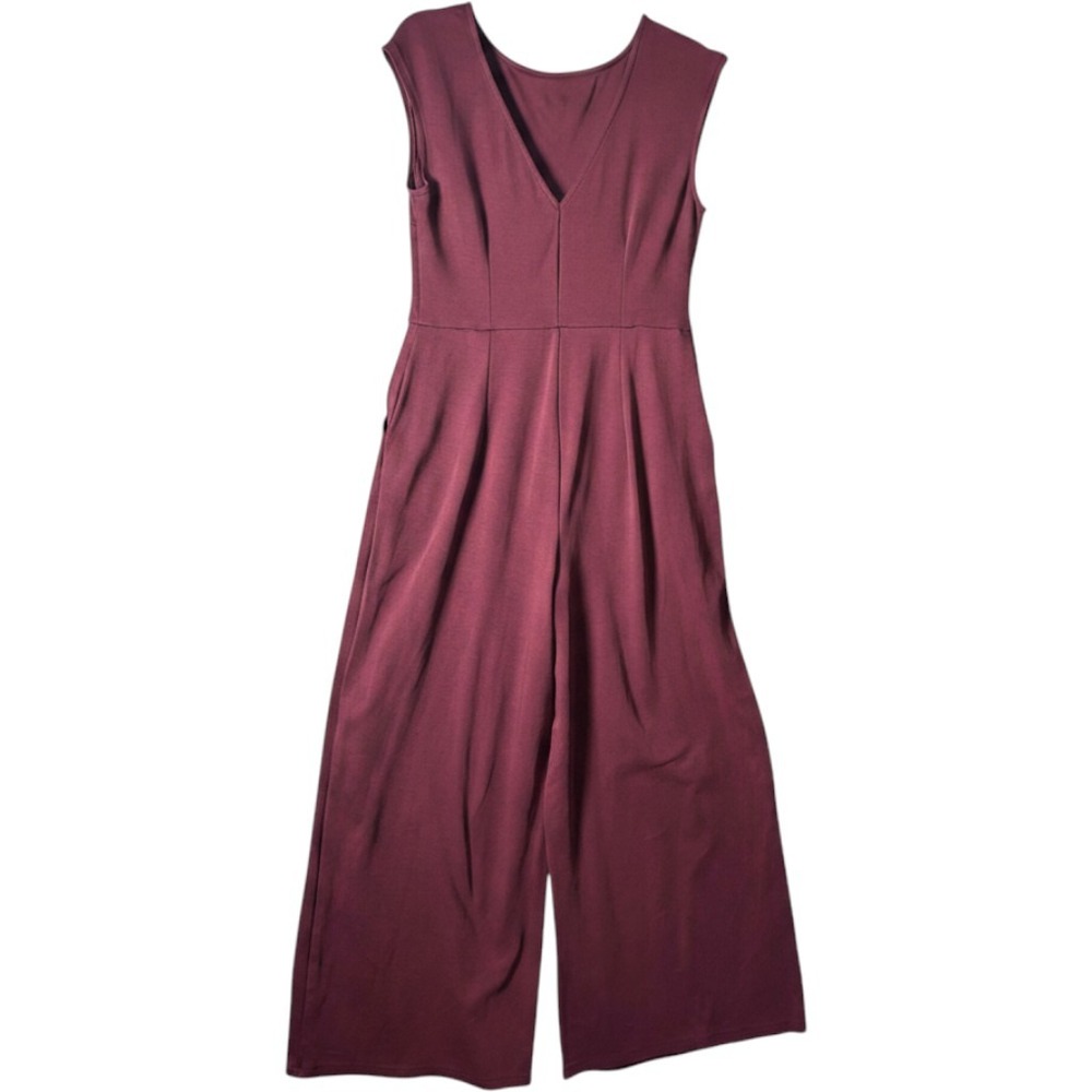 Old Navy Purple Jumpsuit M Burgundy Ponte Wide Leg V-Back Minimalist Business